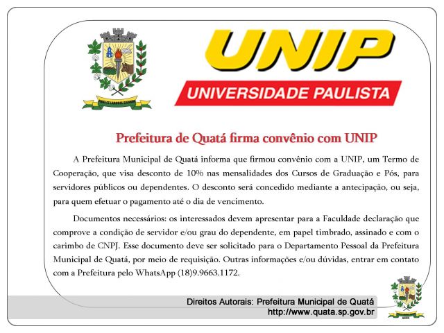 Notícia Prefeitura de Quatá firma convênio com UNIP