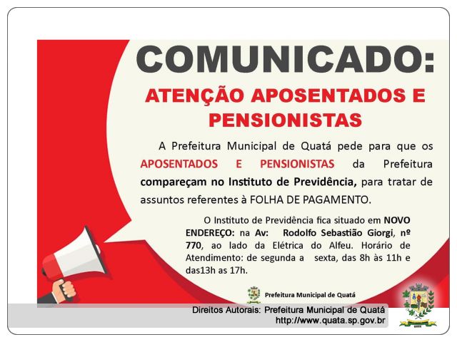 Notícia Comunicado para Aposentados e Pensionistas da Prefeitura de Quatá