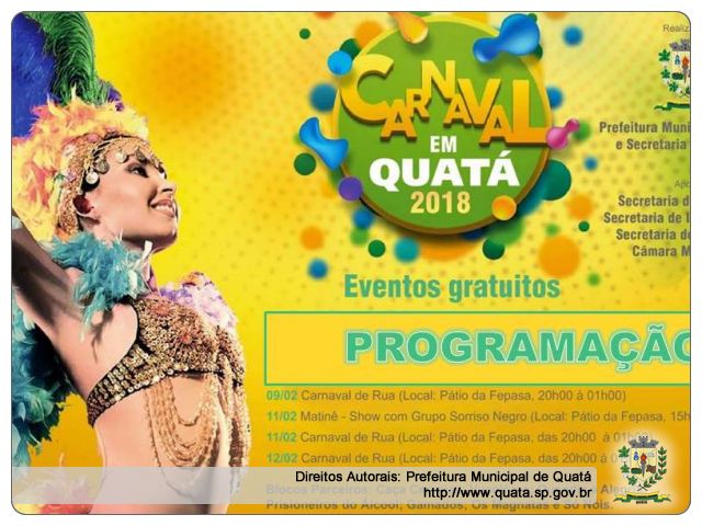 Notícia Carnaval de Rua em Quatá: dias 09, 11 e 12/02