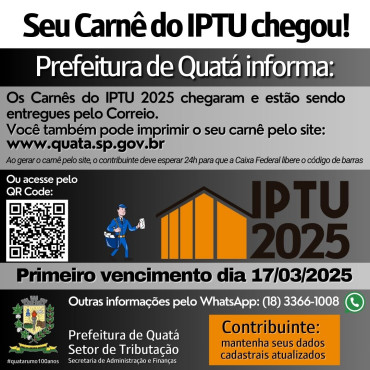 Foto 1: Os Carnês do IPTU estão sendo entregues pelo Correio